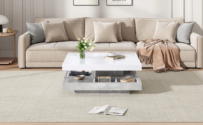 Table basse double plateau brillant pivotant à 360° en blanc et effet marbre grise clair 70*70cm ACHO