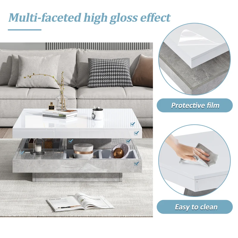 Table basse double plateau brillant pivotant à 360° en blanc et effet marbre grise clair 70*70cm ACHO