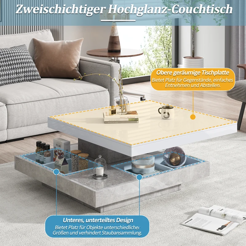 Table basse double plateau brillant pivotant à 360° en blanc et effet marbre grise clair 70*70cm ACHO