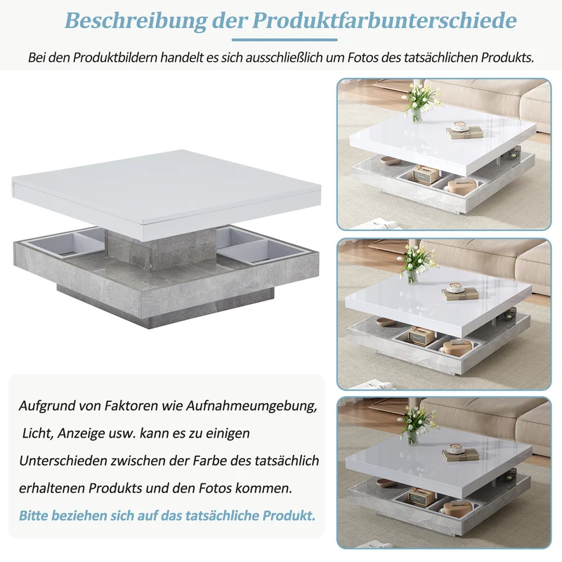 Table basse double plateau brillant pivotant à 360° en blanc et effet marbre grise clair 70*70cm ACHO