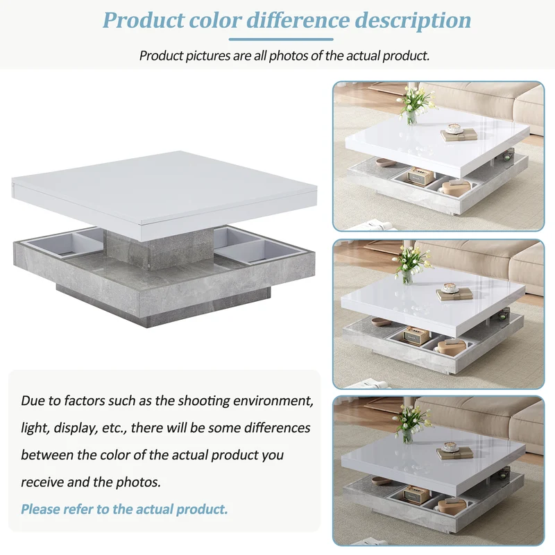 Table basse double plateau brillant pivotant à 360° en blanc et effet marbre grise clair 70*70cm ACHO