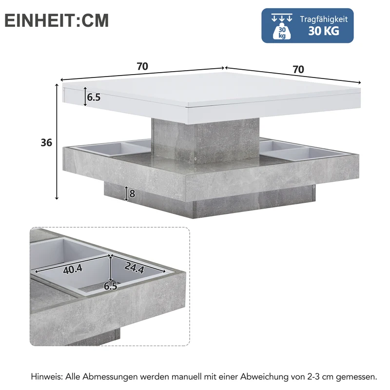 Table basse double plateau brillant pivotant à 360° en blanc et effet marbre grise clair 70*70cm ACHO