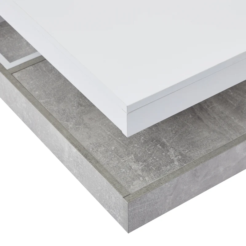 Table basse double plateau brillant pivotant à 360° en blanc et effet marbre grise clair 70*70cm ACHO