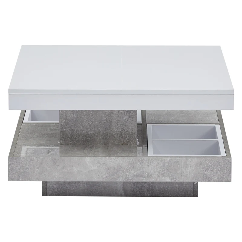 Table basse double plateau brillant pivotant à 360° en blanc et effet marbre grise clair 70*70cm ACHO