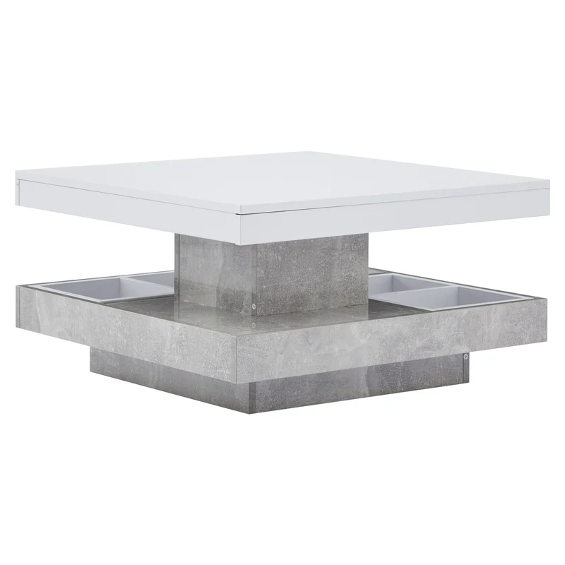 Table basse double plateau brillant pivotant à 360° en blanc et effet marbre grise clair 70*70cm ACHO