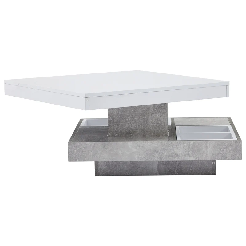 Table basse double plateau brillant pivotant à 360° en blanc et effet marbre grise clair 70*70cm ACHO