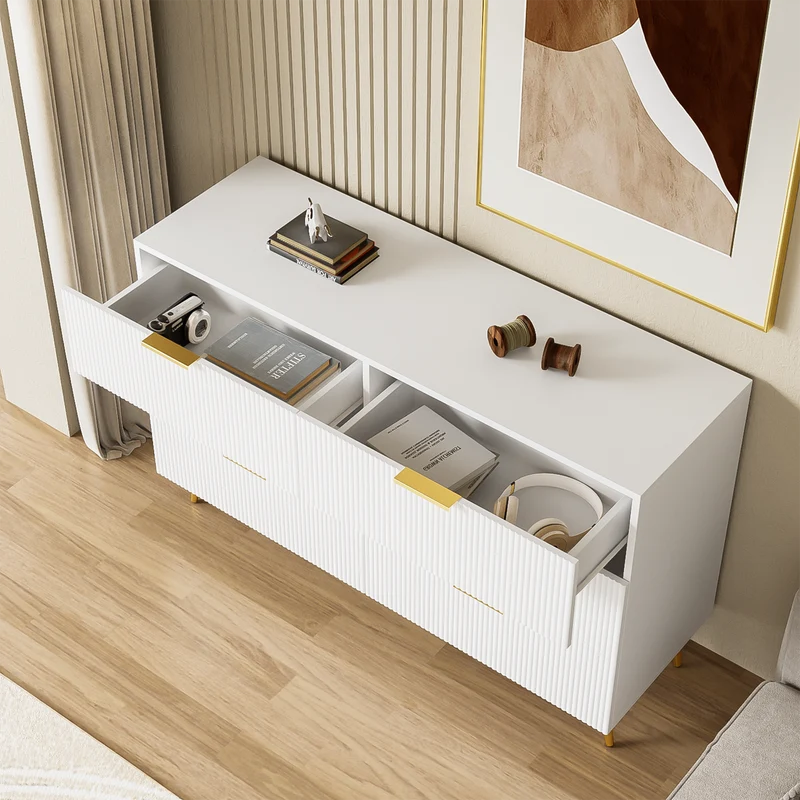 Buffet élégant blanc 6 tiroirs, poignées et pointe de pieds dorés 120*40*77cm COQREOD WHITE