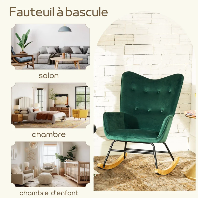 Fauteuil à bascule Scandinave velours vert pieds en bois clair EPPING SMALL VELVET GREEN