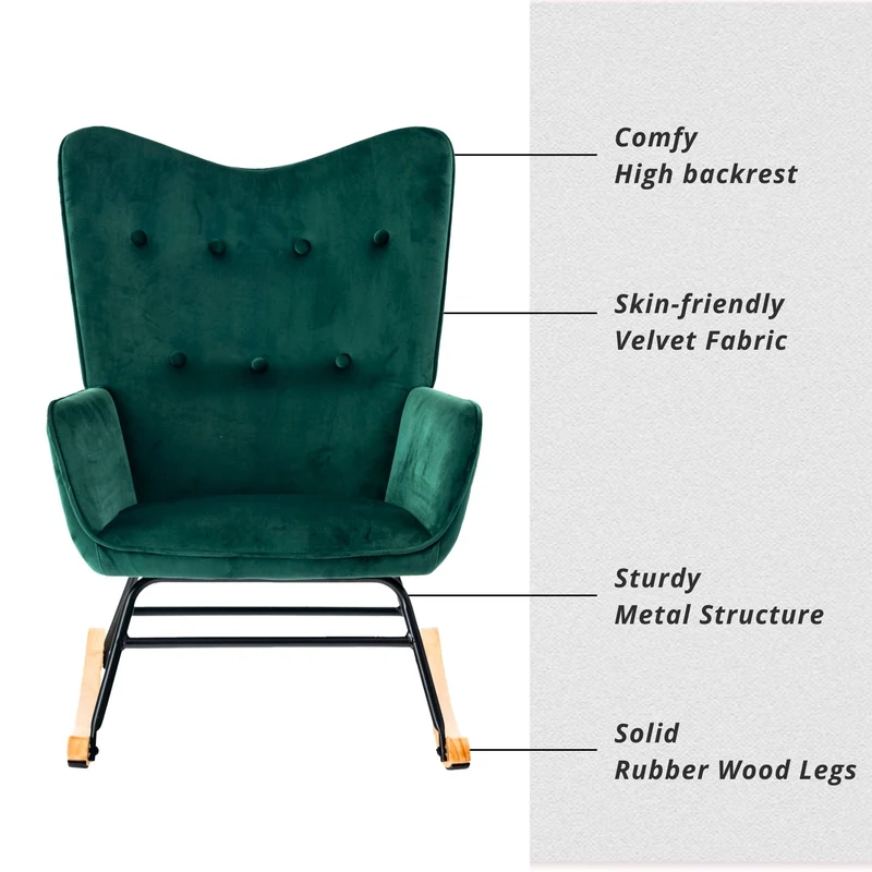 Fauteuil à bascule Scandinave velours vert pieds en bois clair EPPING SMALL VELVET GREEN