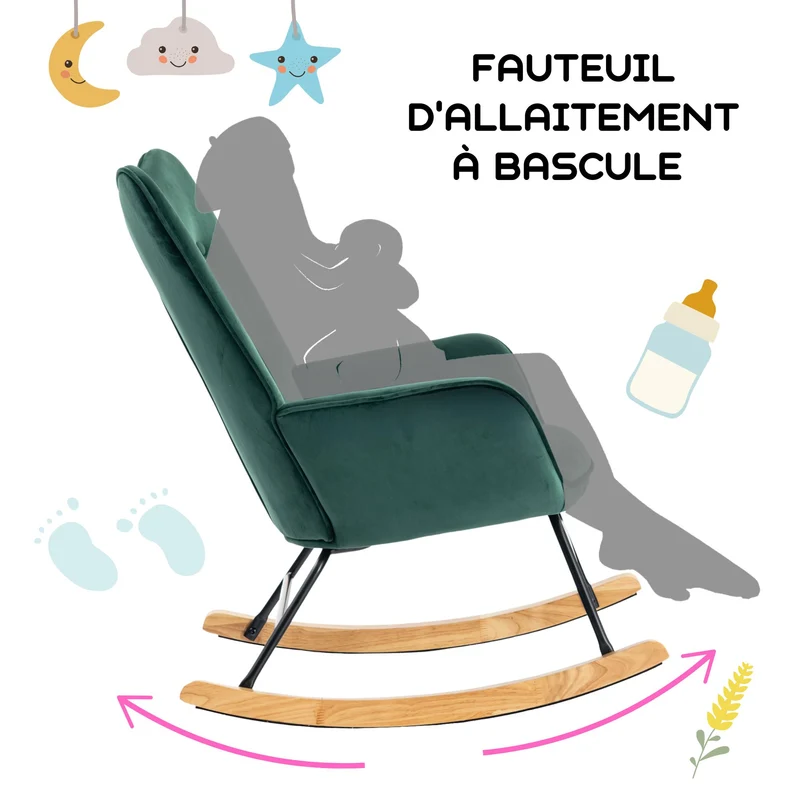 Fauteuil à bascule Scandinave velours vert pieds en bois clair EPPING SMALL VELVET GREEN
