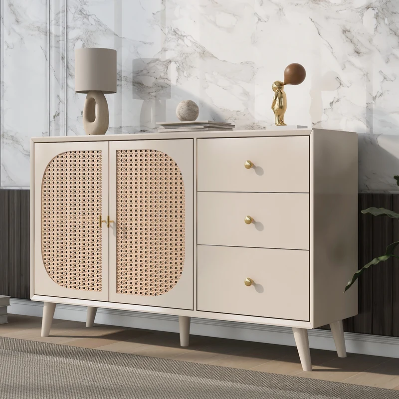 Buffet effet bois clair avec portes et tiroirs, poignées dorées 120*40*82cm GHUXEOTS