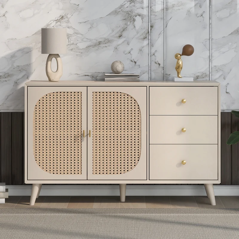 Buffet effet bois clair avec portes et tiroirs, poignées dorées 120*40*82cm GHUXEOTS