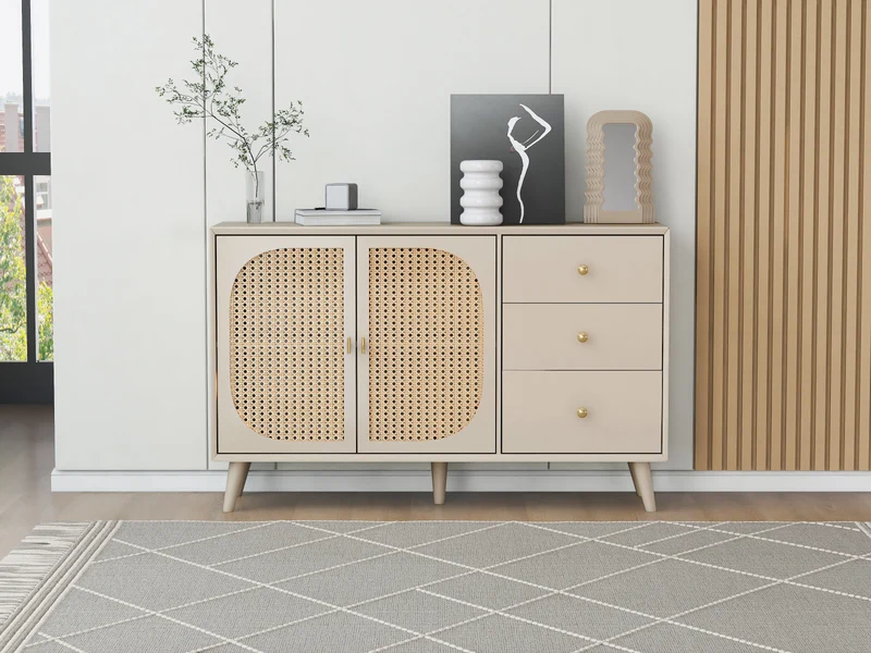 Buffet effet bois clair avec portes et tiroirs, poignées dorées 120*40*82cm GHUXEOTS