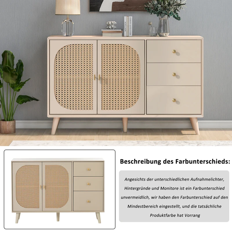 Buffet effet bois clair avec portes et tiroirs, poignées dorées 120*40*82cm GHUXEOTS