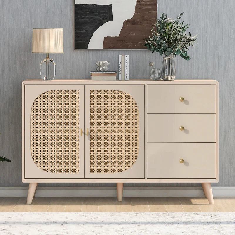 Buffet effet bois clair avec portes et tiroirs, poignées dorées 120*40*82cm GHUXEOTS