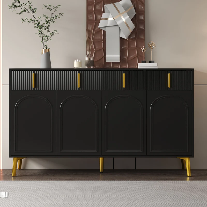 Buffet noir 4 portes 4 tiroirs avec poignées et pieds dorés 140*37,8*82cm CHADDANS