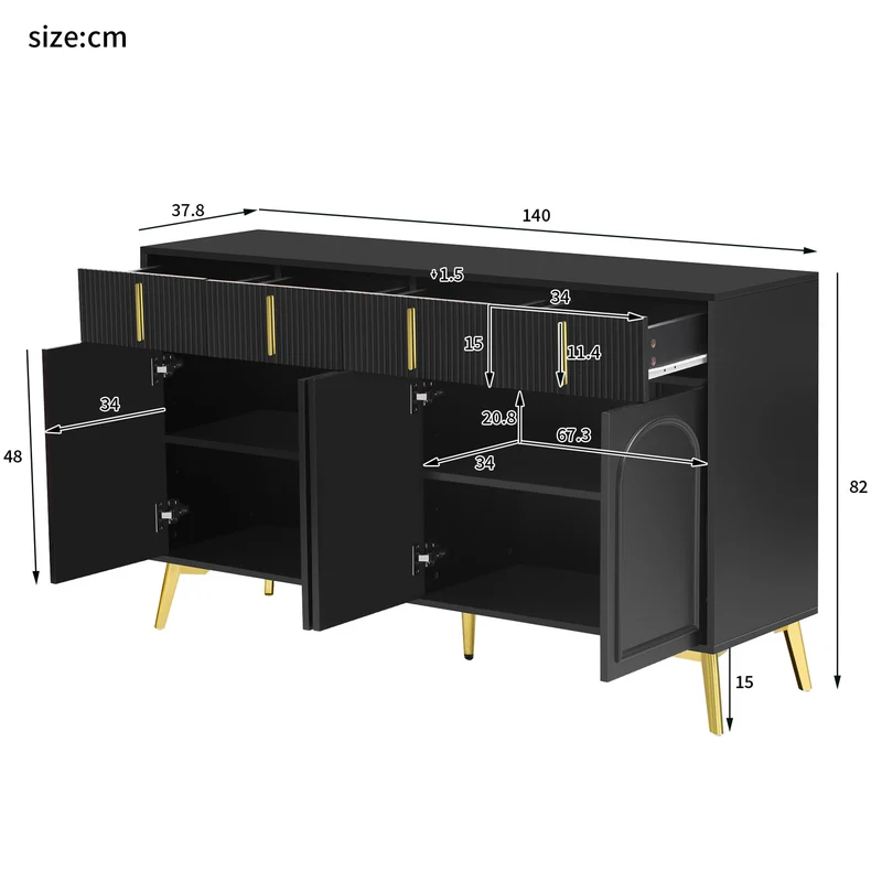 Buffet noir 4 portes 4 tiroirs avec poignées et pieds dorés 140*37,8*82cm CHADDANS
