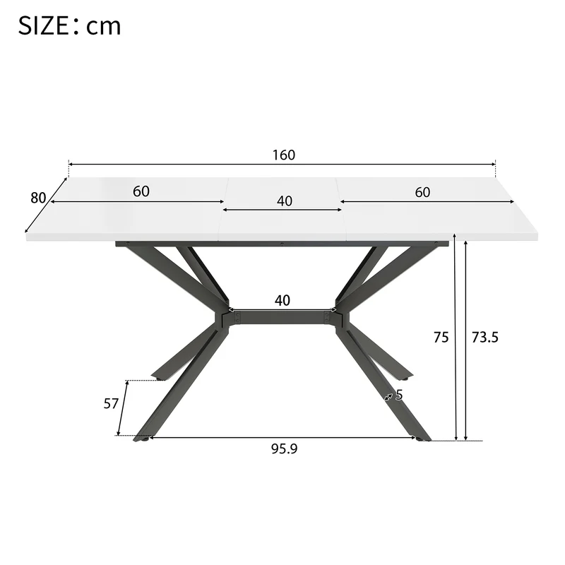 Table de salle à manger rectangulaire extensible blanche pieds noirs 120-160*80cm THRIVVOILS