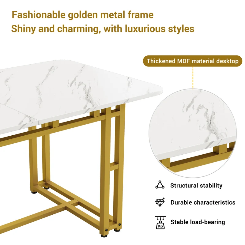 Table à mange rectangulaire moderne effet marbre blanc pieds dorés 120x70cm VANPHAN GOLD