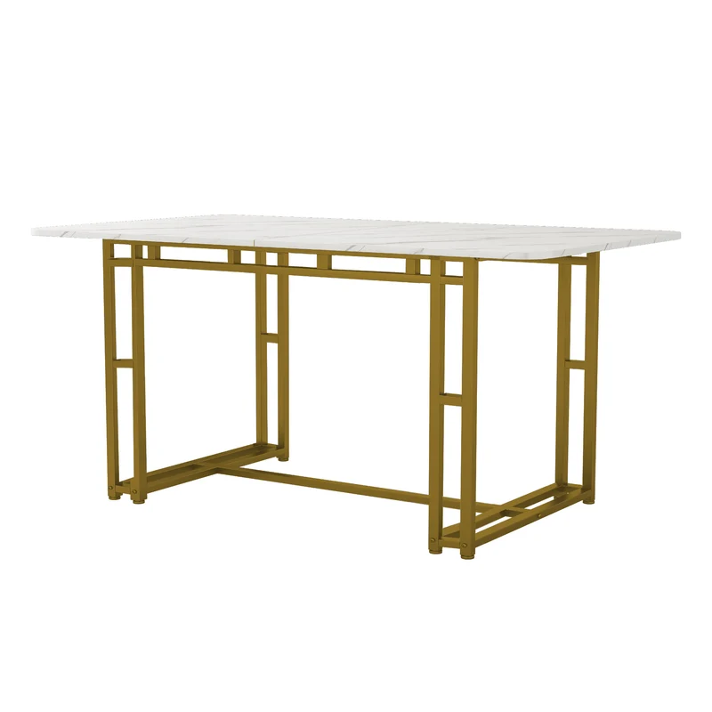 Table à mange rectangulaire moderne effet marbre blanc pieds dorés 120x70cm VANPHAN GOLD