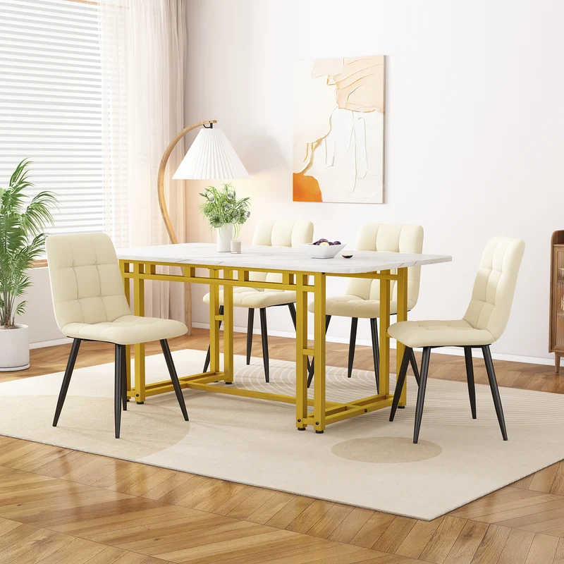 Table à mange rectangulaire moderne effet marbre blanc pieds dorés 120x70cm VANPHAN GOLD