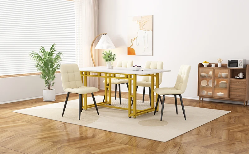 Table à mange rectangulaire moderne effet marbre blanc pieds dorés 120x70cm VANPHAN GOLD