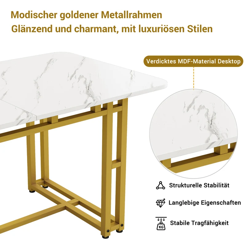 Table à mange rectangulaire moderne effet marbre blanc pieds dorés 120x70cm VANPHAN GOLD
