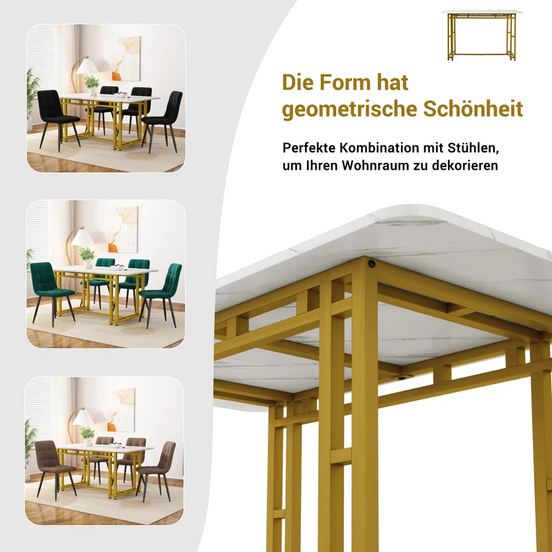 Table à mange rectangulaire moderne effet marbre blanc pieds dorés 120x70cm VANPHAN GOLD