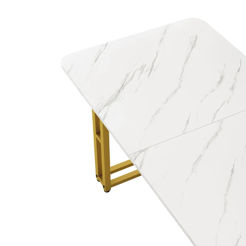 Table à mange rectangulaire moderne effet marbre blanc pieds dorés 120x70cm VANPHAN GOLD