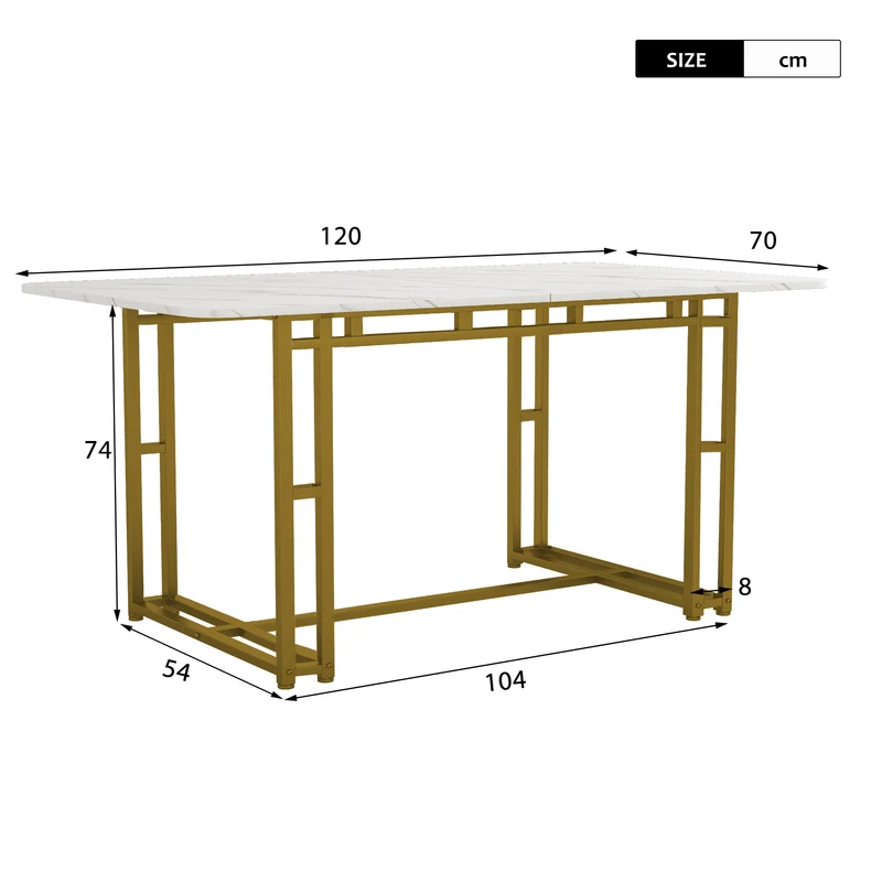 Table à mange rectangulaire moderne effet marbre blanc pieds dorés 120x70cm VANPHAN GOLD