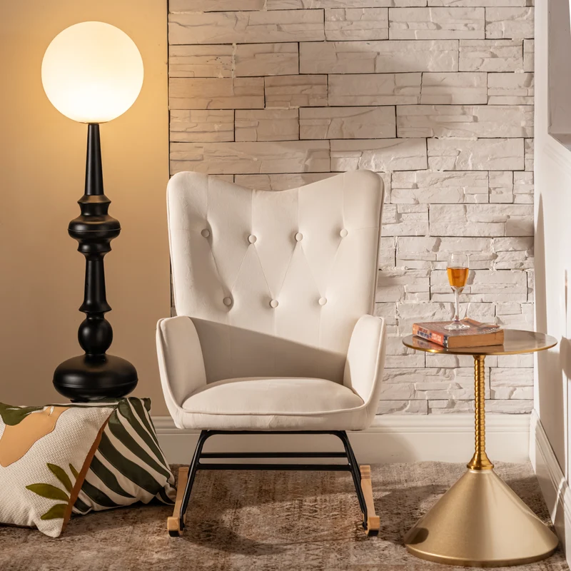 Fauteuil à bascule rocking chair velours blanc cassé EPPING SMALL VELVET BEIGE