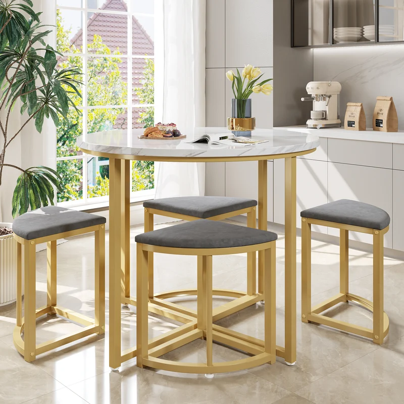 Ensemble table de salle à manger avec 4 chaises effet marbre blanc et structure doré ATEIX GREY