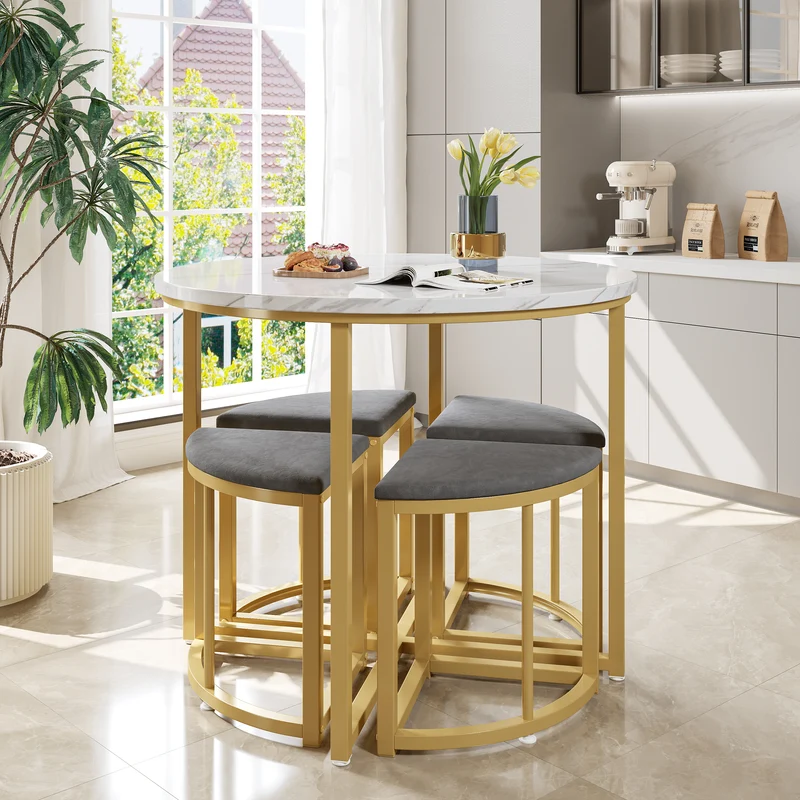 Ensemble table de salle à manger avec 4 chaises effet marbre blanc et structure doré ATEIX GREY