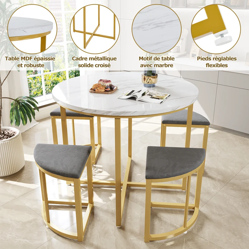 Ensemble table de salle à manger avec 4 chaises effet marbre blanc et structure doré ATEIX GREY