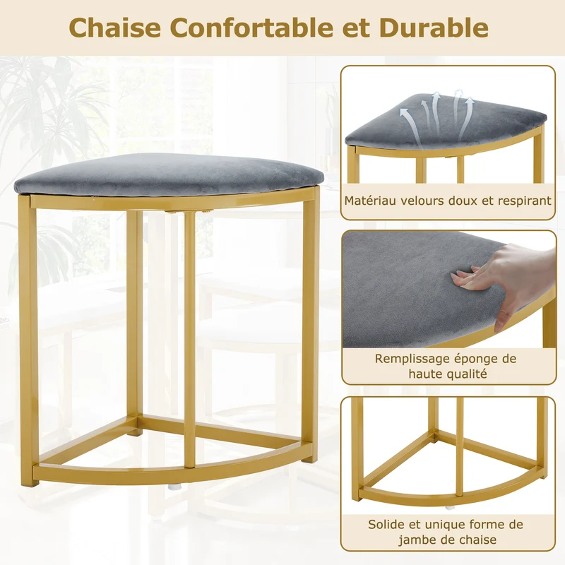 Ensemble table de salle à manger avec 4 chaises effet marbre blanc et structure doré ATEIX GREY
