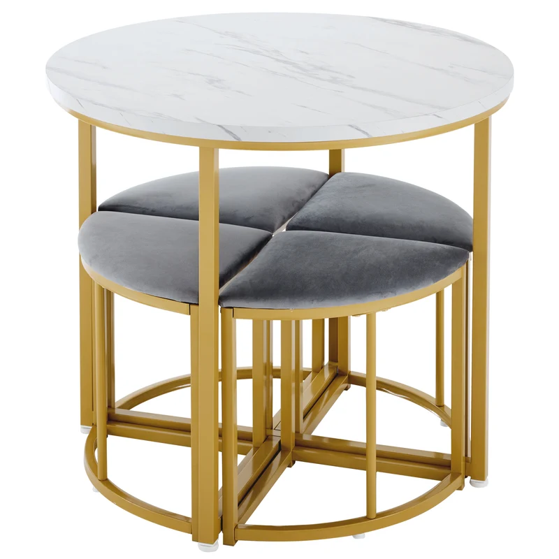 Ensemble table de salle à manger avec 4 chaises effet marbre blanc et structure doré ATEIX GREY