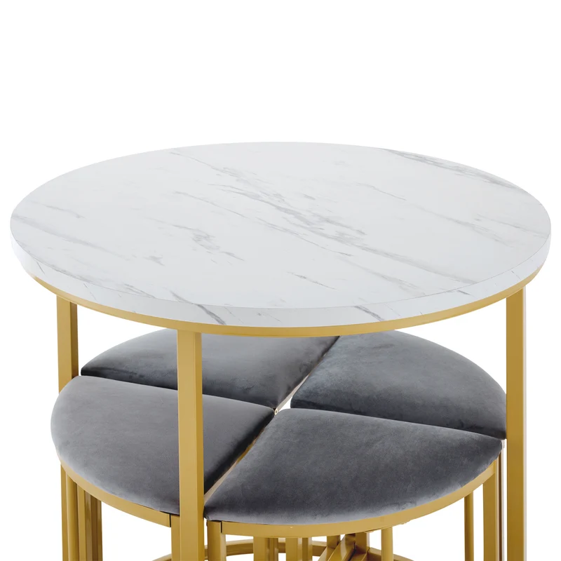 Ensemble table de salle à manger avec 4 chaises effet marbre blanc et structure doré ATEIX GREY