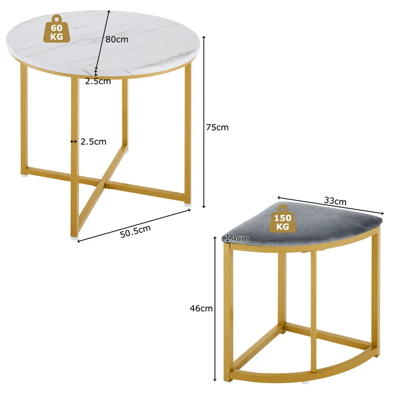 Ensemble table de salle à manger avec 4 chaises effet marbre blanc et structure doré ATEIX GREY