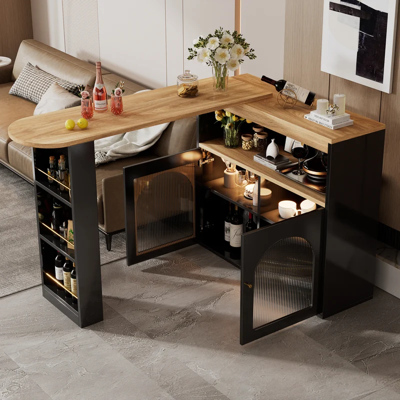 Table de bar extensible rotative moderne noir avec rangement et bande lumineuse LED THRUTELS BLACK
