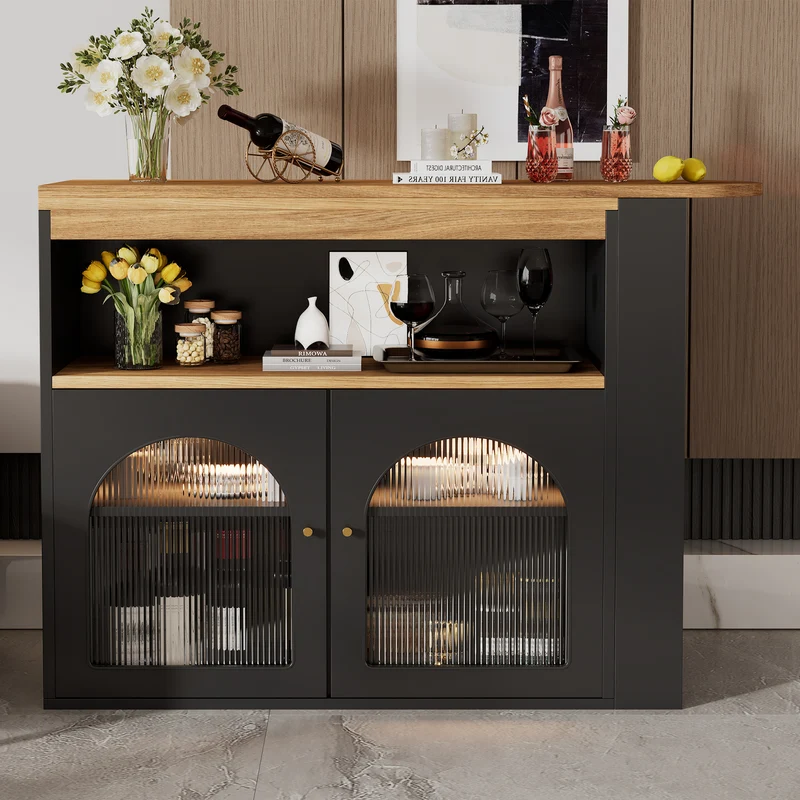 Table de bar extensible rotative moderne noir avec rangement et bande lumineuse LED THRUTELS BLACK