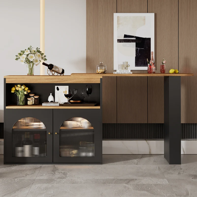 Table de bar extensible rotative moderne noir avec rangement et bande lumineuse LED THRUTELS BLACK