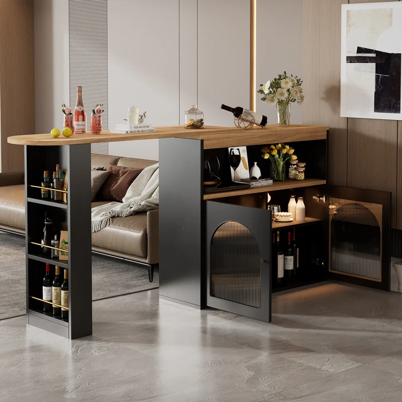 Table de bar extensible rotative moderne noir avec rangement et bande lumineuse LED THRUTELS BLACK