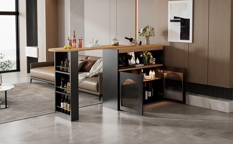 Table de bar extensible rotative moderne noir avec rangement et bande lumineuse LED THRUTELS BLACK