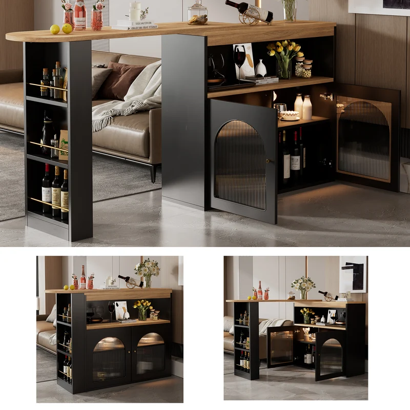 Table de bar extensible rotative moderne noir avec rangement et bande lumineuse LED THRUTELS BLACK