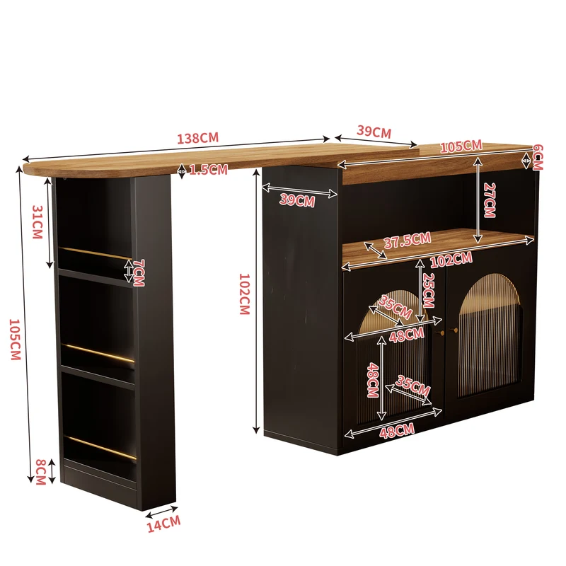 Table de bar extensible rotative moderne noir avec rangement et bande lumineuse LED THRUTELS BLACK