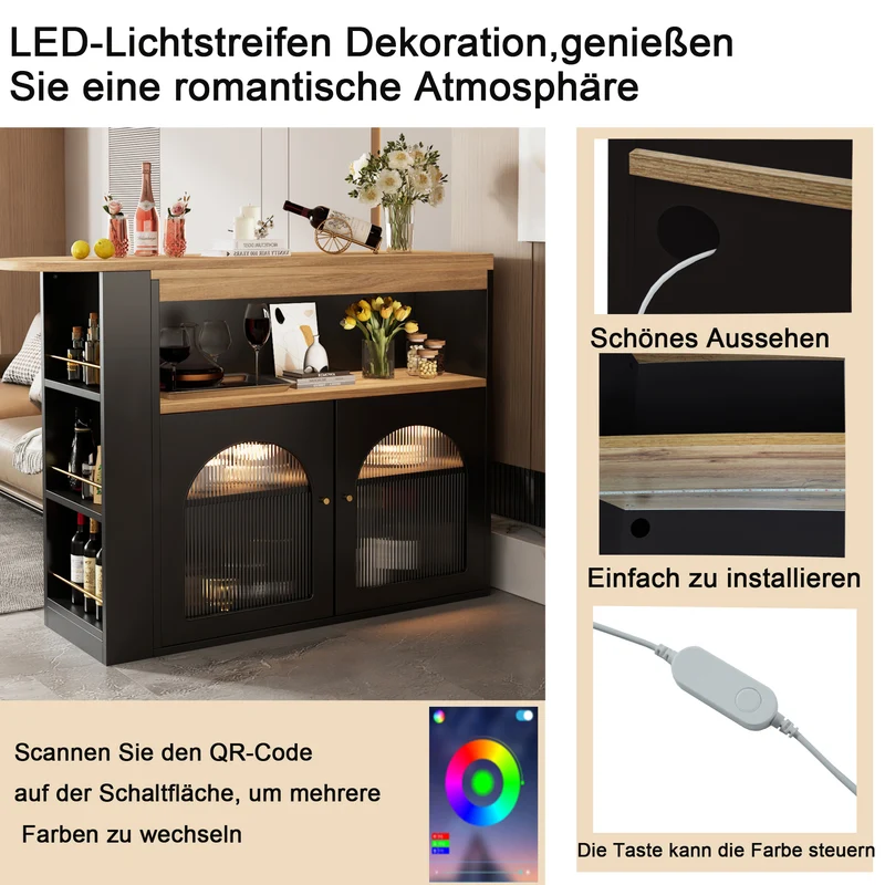 Table de bar extensible rotative moderne noir avec rangement et bande lumineuse LED THRUTELS BLACK