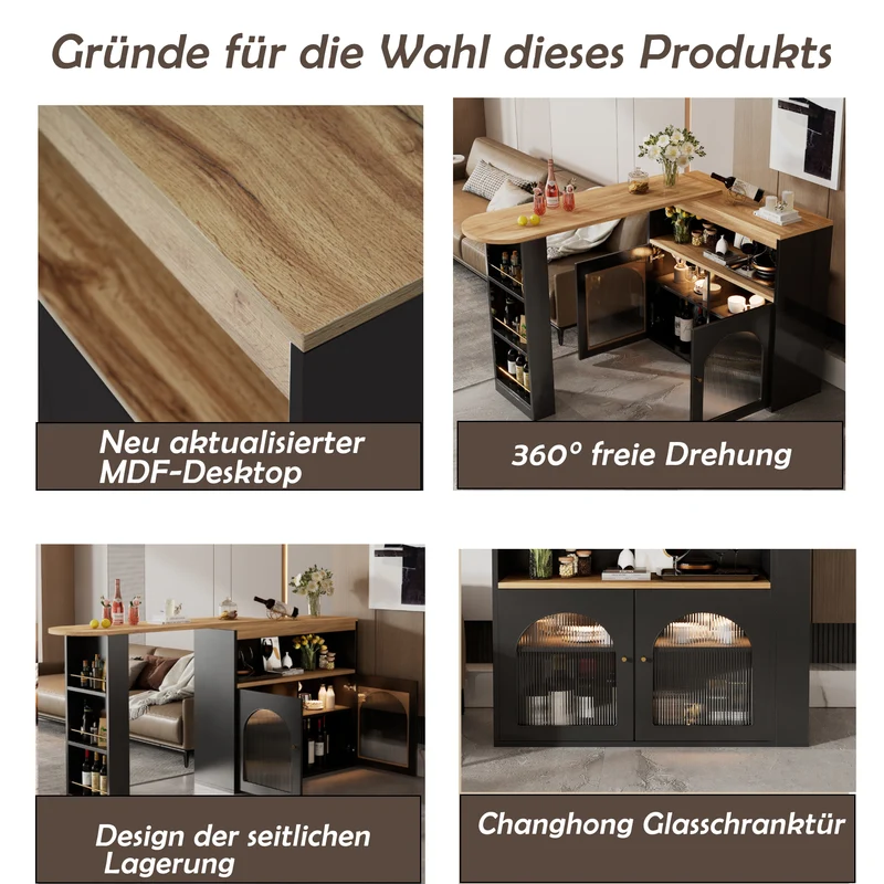 Table de bar extensible rotative moderne noir avec rangement et bande lumineuse LED THRUTELS BLACK