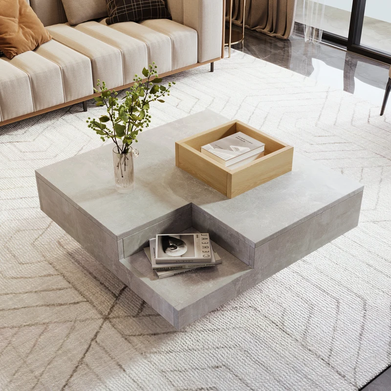 Table basse carré moderne effet béton gris et une boit de rangement bois nature 72*72*30 CROKS