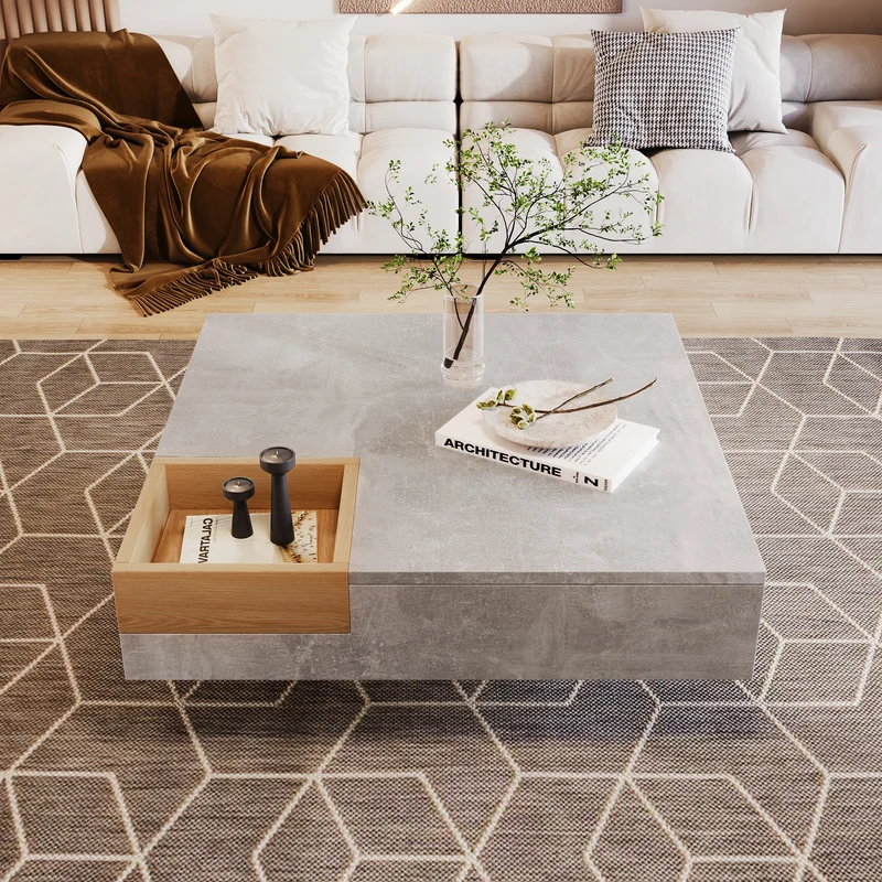 Table basse carré moderne effet béton gris et une boit de rangement bois nature 72*72*30 CROKS