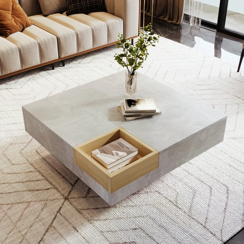 Table basse carré moderne effet béton gris et une boit de rangement bois nature 72*72*30 CROKS